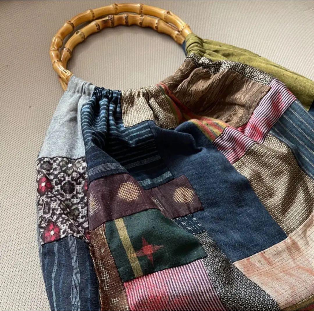 【一点もの】アンティーク和布と竹ハンドルのパッチワークグラニーバッグ