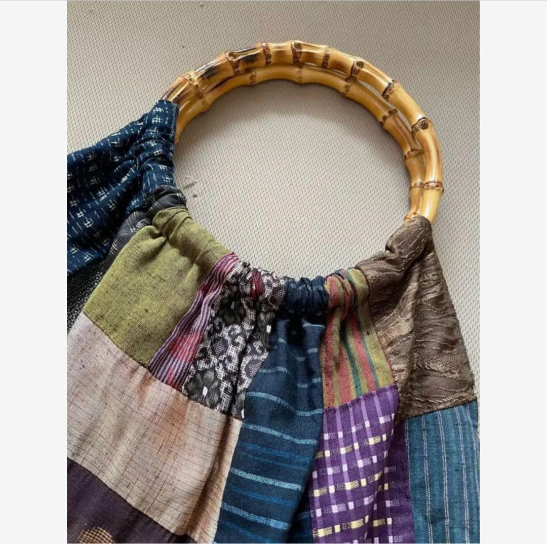 【一点もの】アンティーク和布と竹ハンドルのパッチワークグラニーバッグ