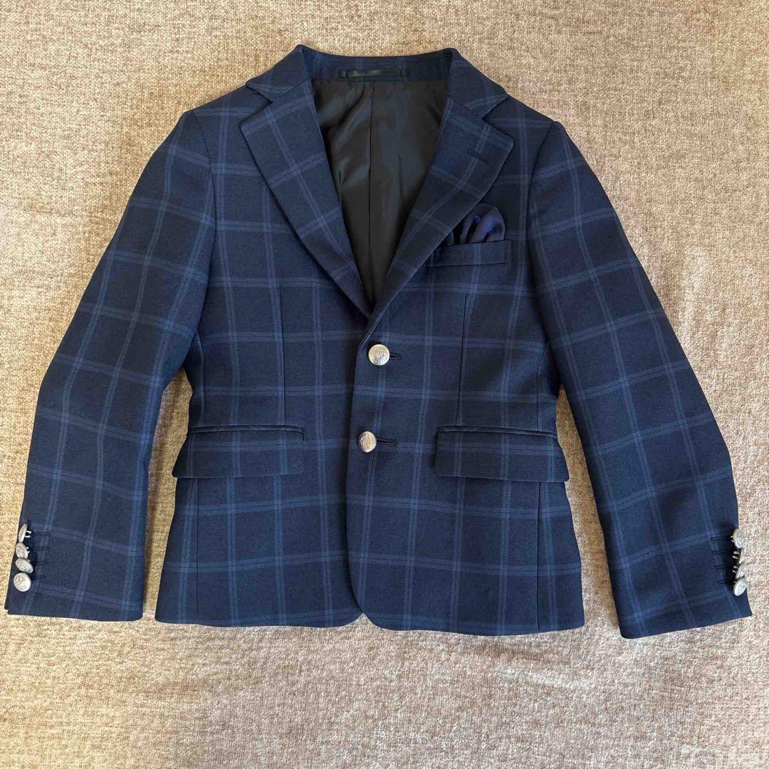 ネイビー チェック柄 男の子 ブレザーとハーフパンツ スーツセット 120cm