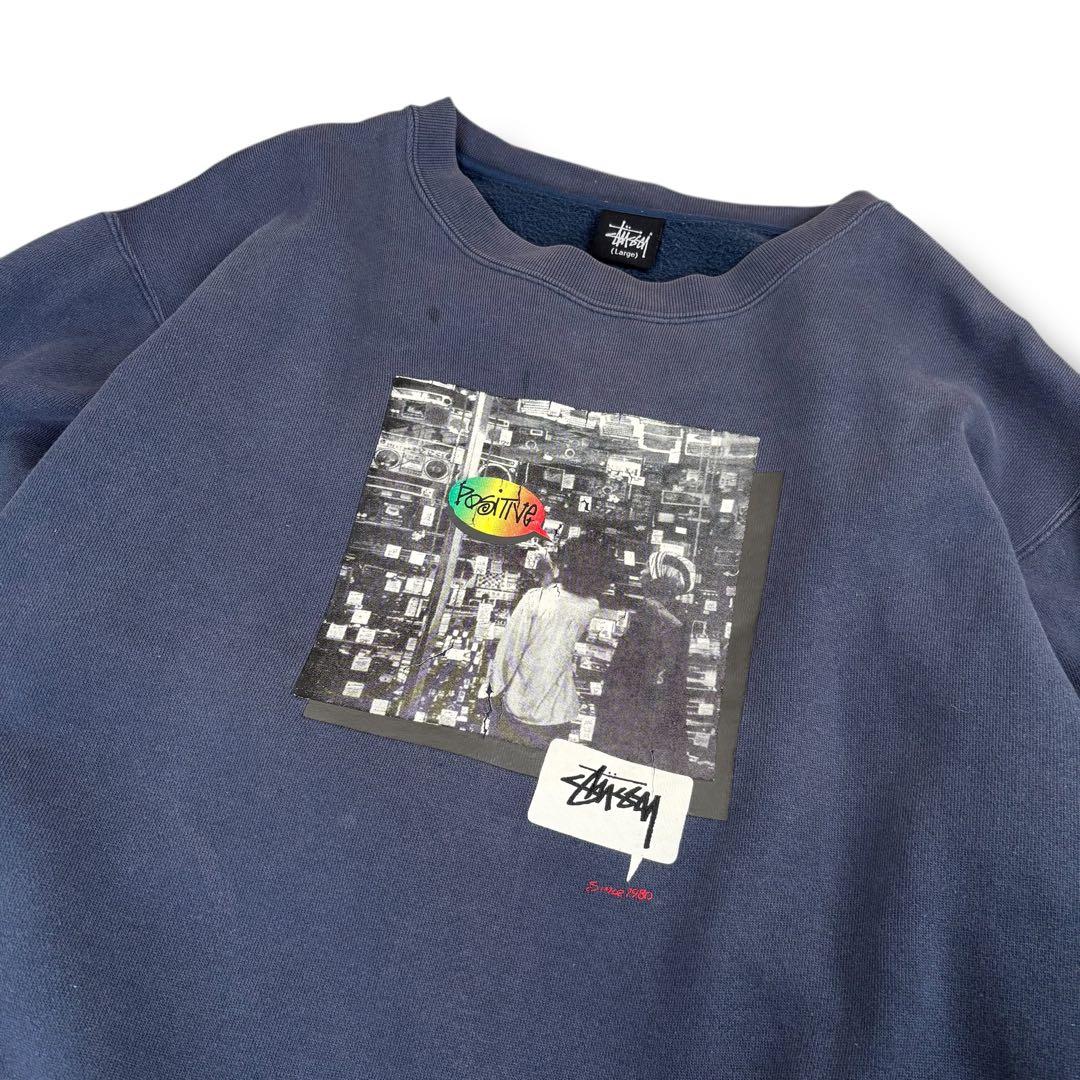 90s OLD STUSSY グラフィック スウェット フェード ネイビー L