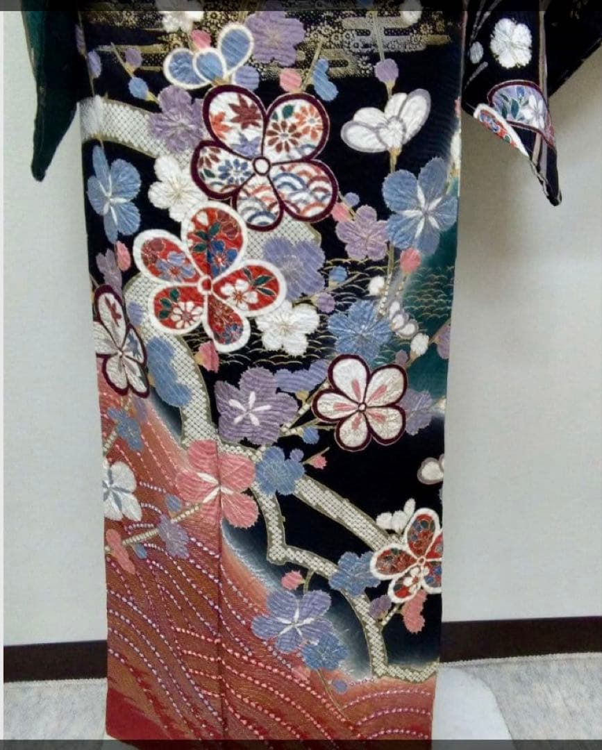 (期間限定値下中)訪問着 深緑　黒の染分け　花柄 竹模様 帯付き　2点セット