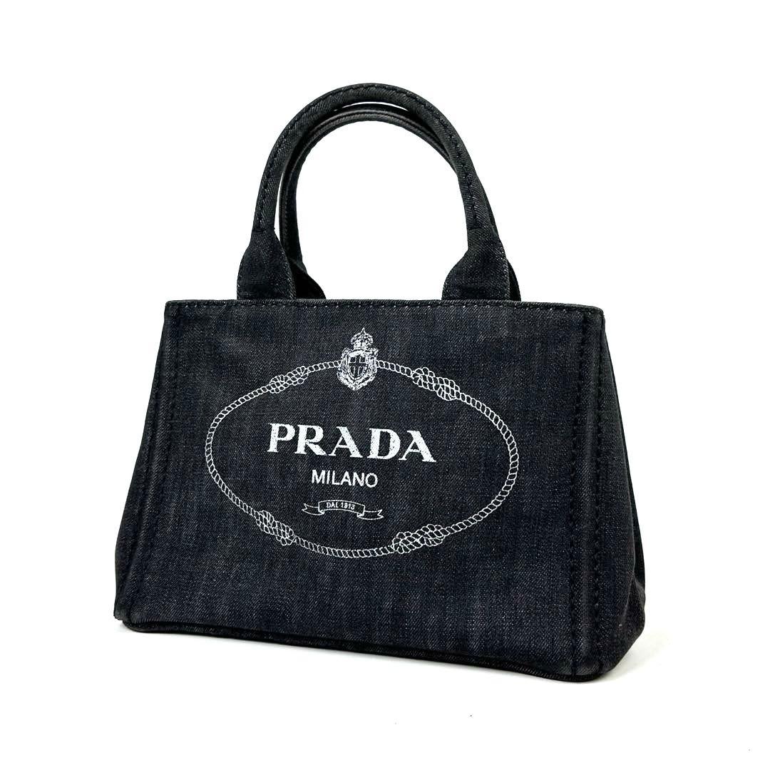 【美品】プラダ　カナパ　ハンドバッグ　三角ロゴ　シルバー金具　デニム　ブラック