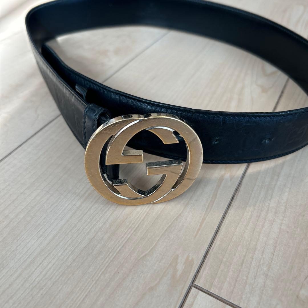 GUCCI 黒 レザー ベルト ダブルGロゴ