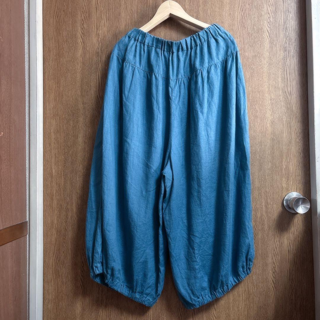 最終値下げ石見銀山群言堂グンゲンドウ リネンパンツ林檎 麻100%七分丈 ブルー