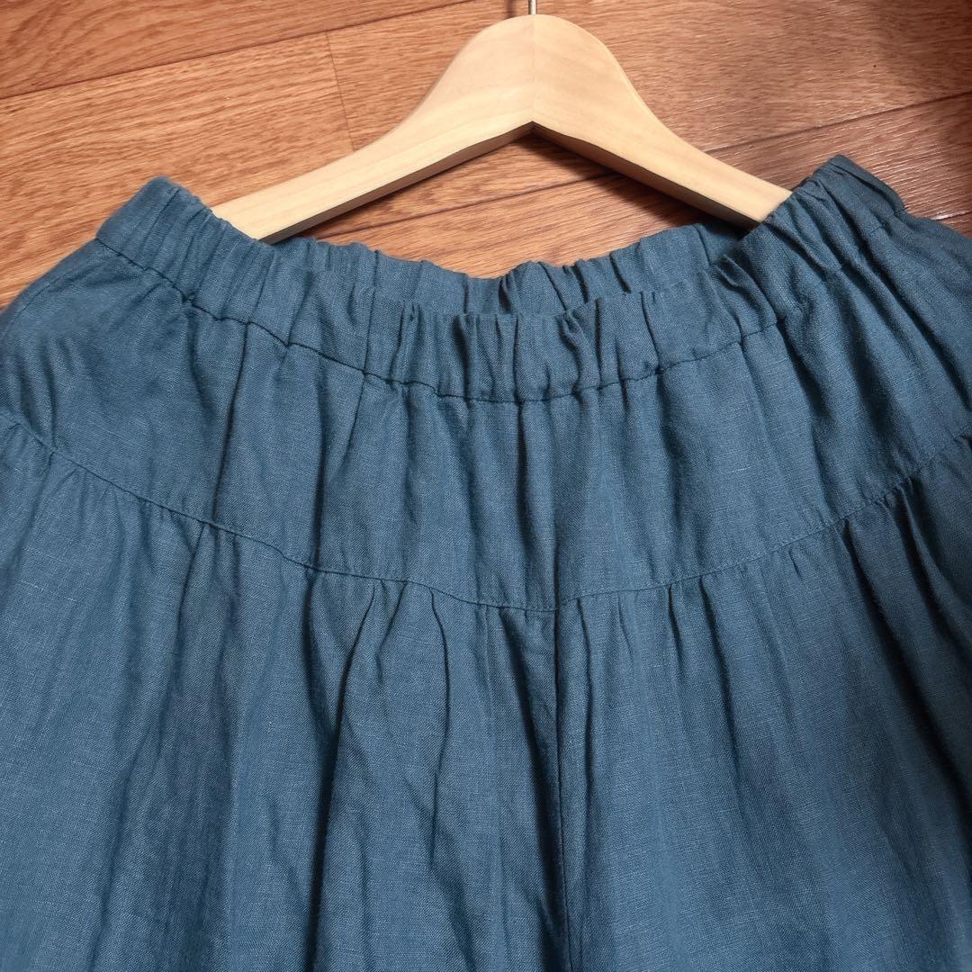 最終値下げ石見銀山群言堂グンゲンドウ リネンパンツ林檎 麻100%七分丈 ブルー