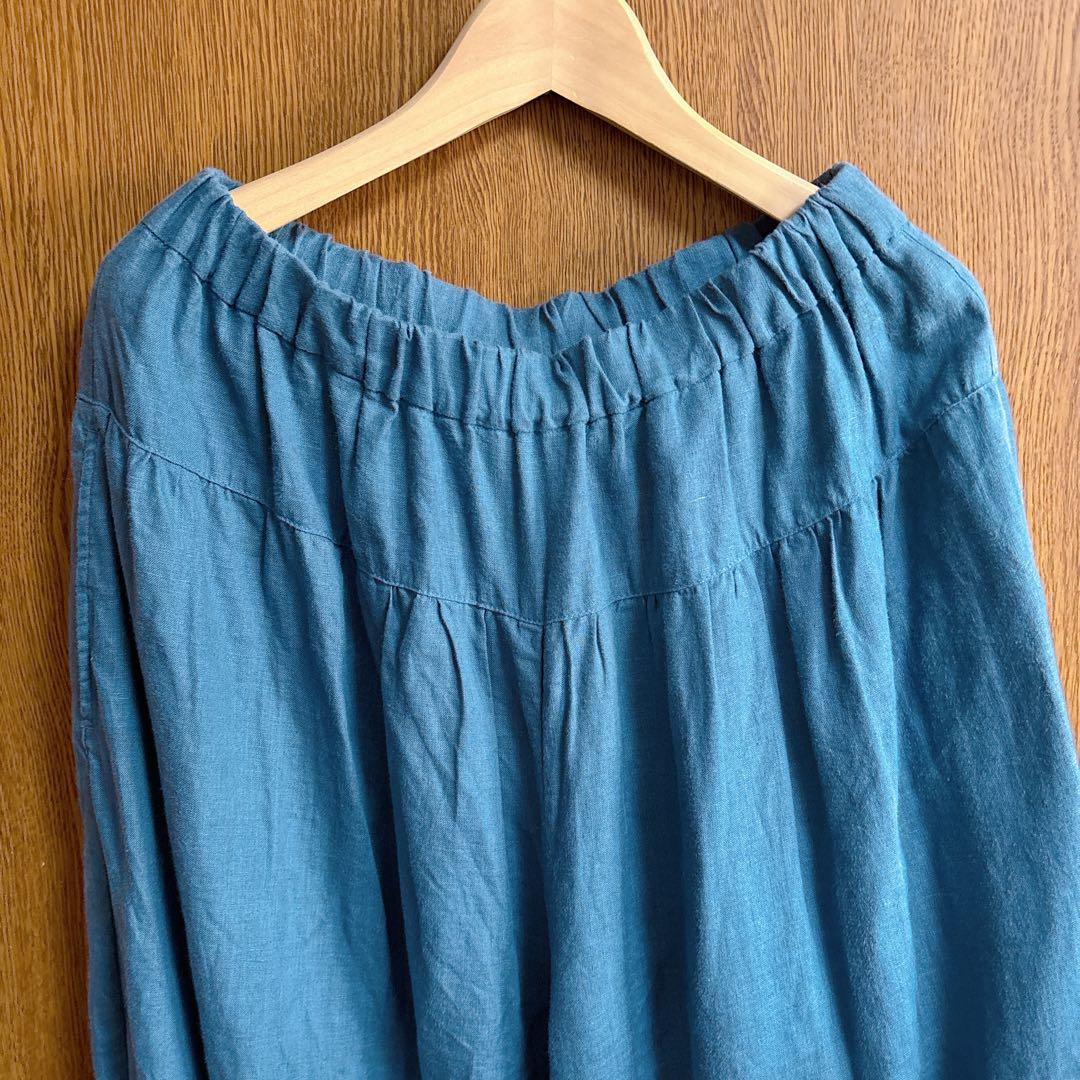 最終値下げ石見銀山群言堂グンゲンドウ リネンパンツ林檎 麻100%七分丈 ブルー