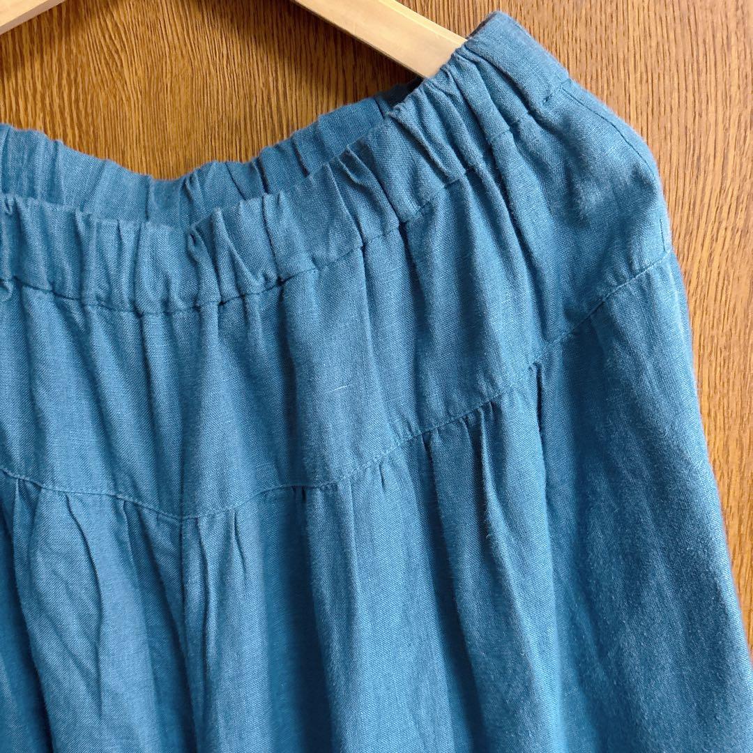 最終値下げ石見銀山群言堂グンゲンドウ リネンパンツ林檎 麻100%七分丈 ブルー