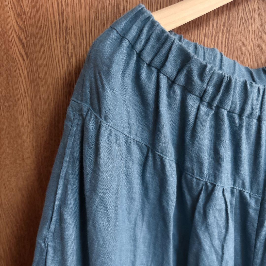 最終値下げ石見銀山群言堂グンゲンドウ リネンパンツ林檎 麻100%七分丈 ブルー