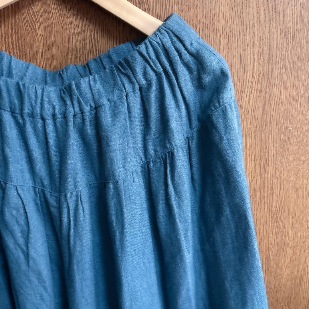 最終値下げ石見銀山群言堂グンゲンドウ リネンパンツ林檎 麻100%七分丈 ブルー