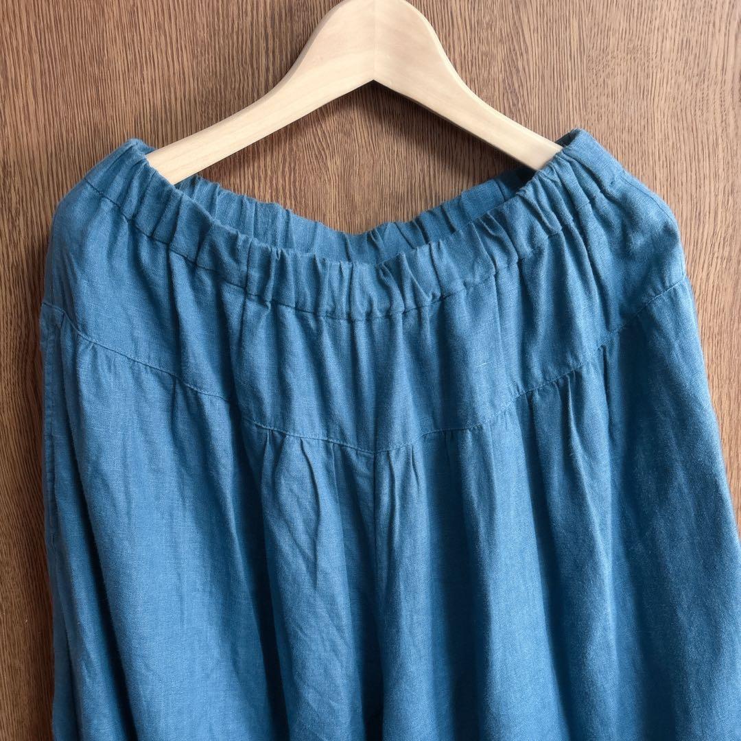 最終値下げ石見銀山群言堂グンゲンドウ リネンパンツ林檎 麻100%七分丈 ブルー