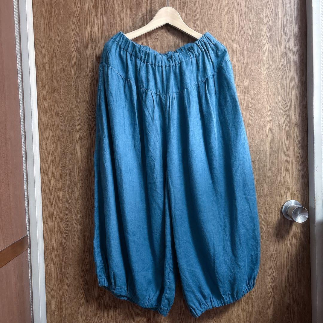 最終値下げ石見銀山群言堂グンゲンドウ リネンパンツ林檎 麻100%七分丈 ブルー