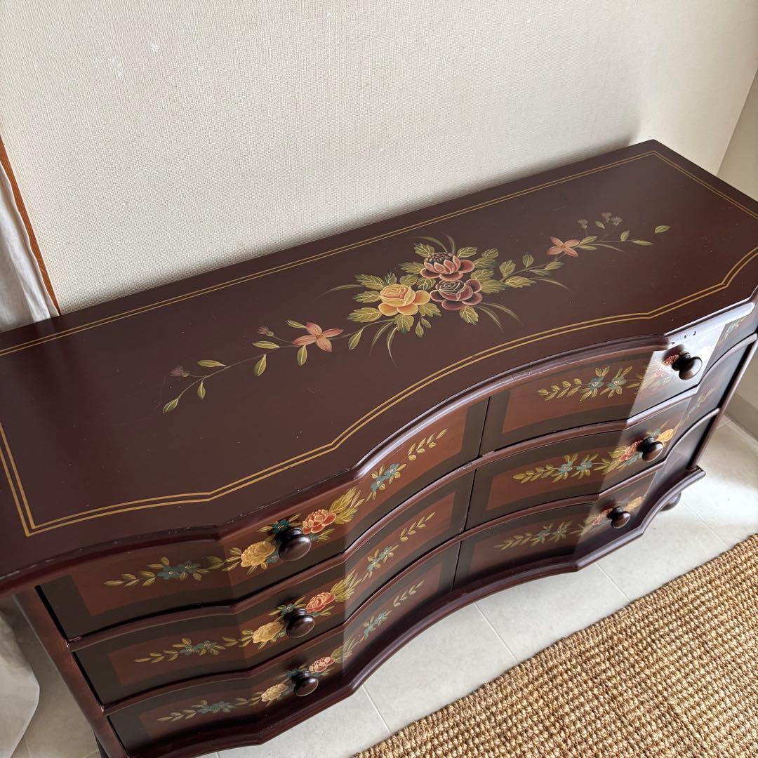 チェスト　トールペイント　ヨーロピアン　棚　丸脚　サイドボード　アンティーク