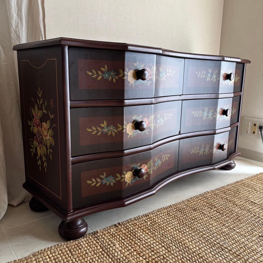 チェスト　トールペイント　ヨーロピアン　棚　丸脚　サイドボード　アンティーク