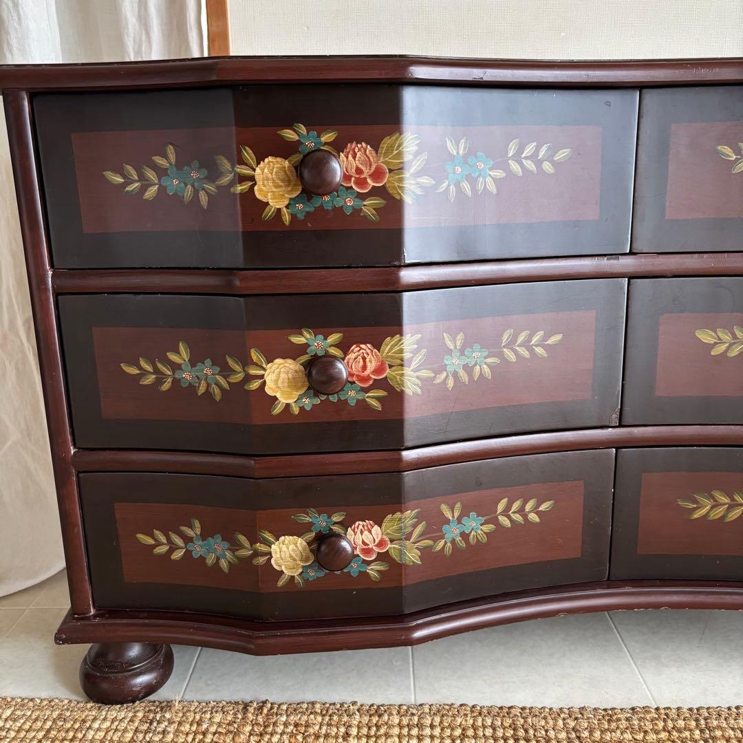 チェスト　トールペイント　ヨーロピアン　棚　丸脚　サイドボード　アンティーク