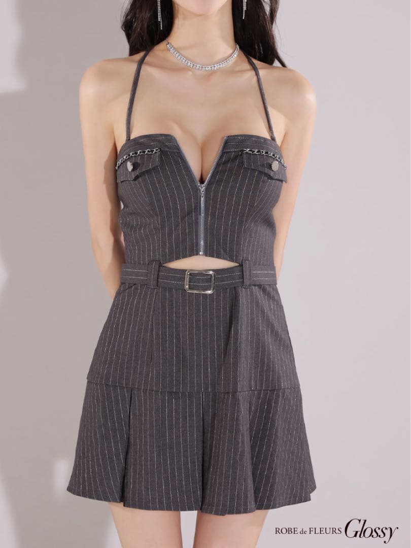 【韓国風】Glossy グロッシー　S ジップデザインフレアミニドレス