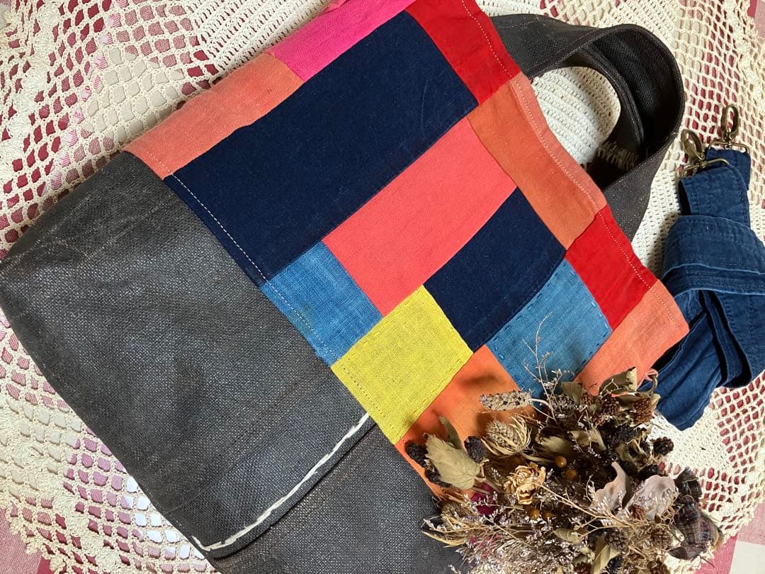 紅花染め茜染め草木染め藍染柿渋染め酒袋刺し子古布2wayショルダー手提げバック