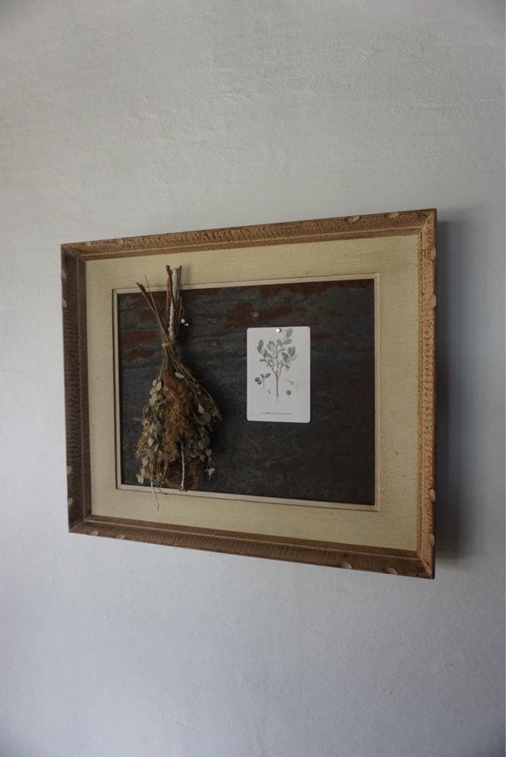 アンティークの木製フレームのブリキサインボード　看板　店舗什器　額縁　古道具