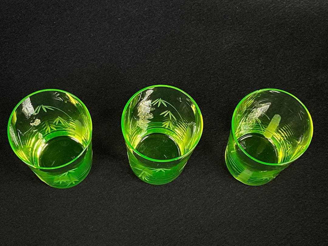 アンティーク　ウランガラス　大正期　コップ　グラス　竹之図　すりガラス　3客