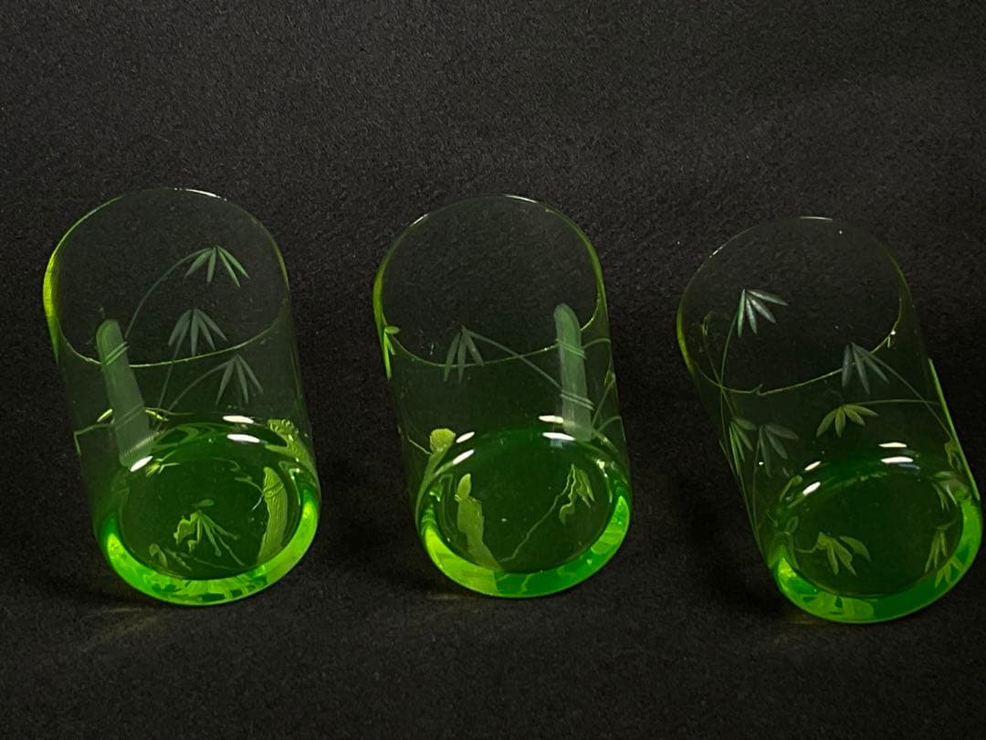 アンティーク　ウランガラス　大正期　コップ　グラス　竹之図　すりガラス　3客