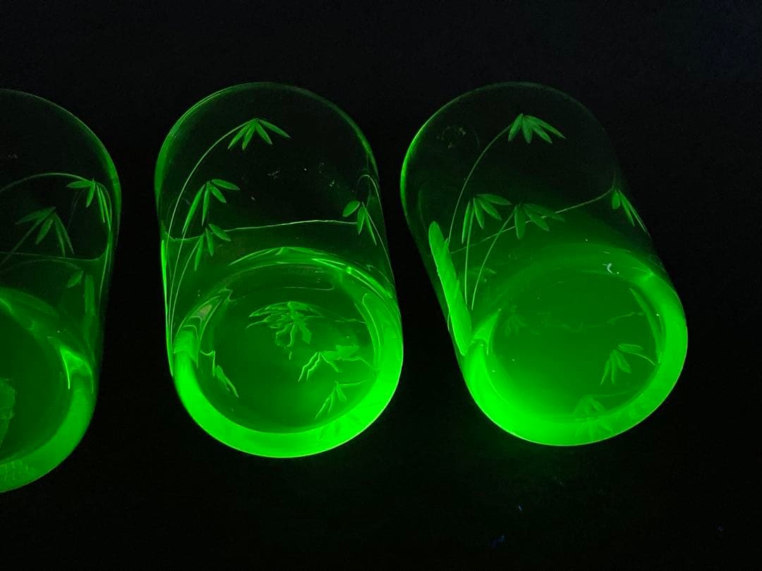 アンティーク　ウランガラス　大正期　コップ　グラス　竹之図　すりガラス　3客