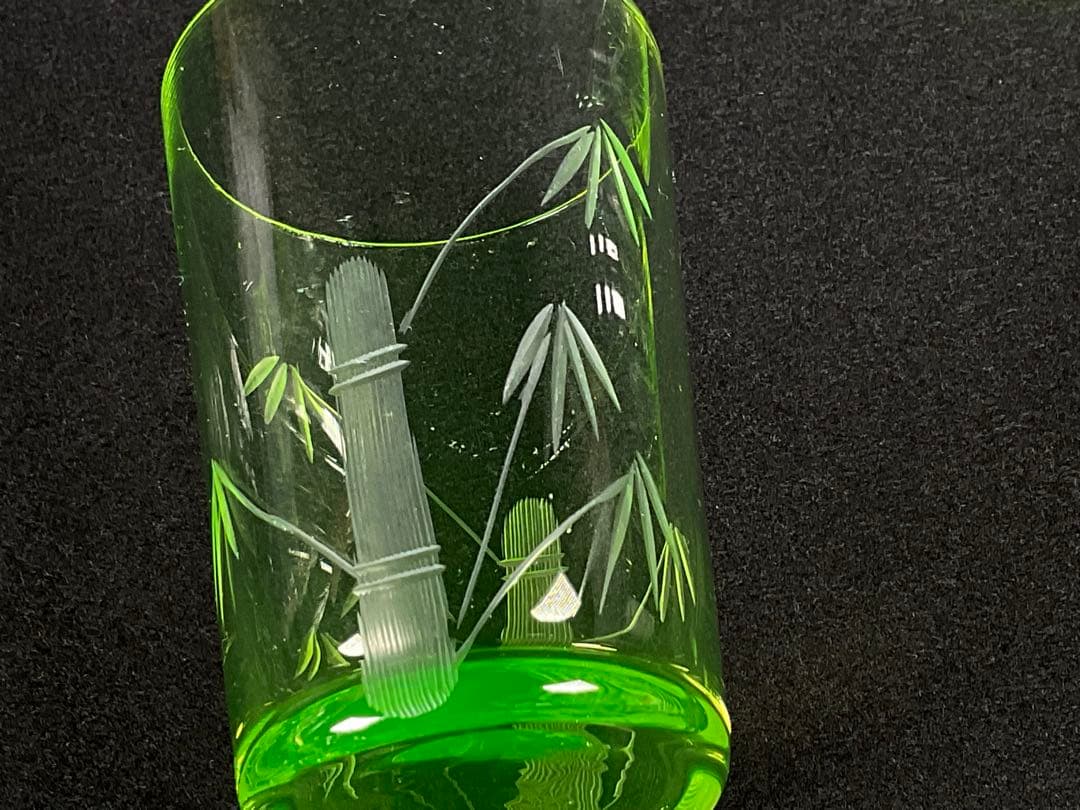 アンティーク　ウランガラス　大正期　コップ　グラス　竹之図　すりガラス　3客