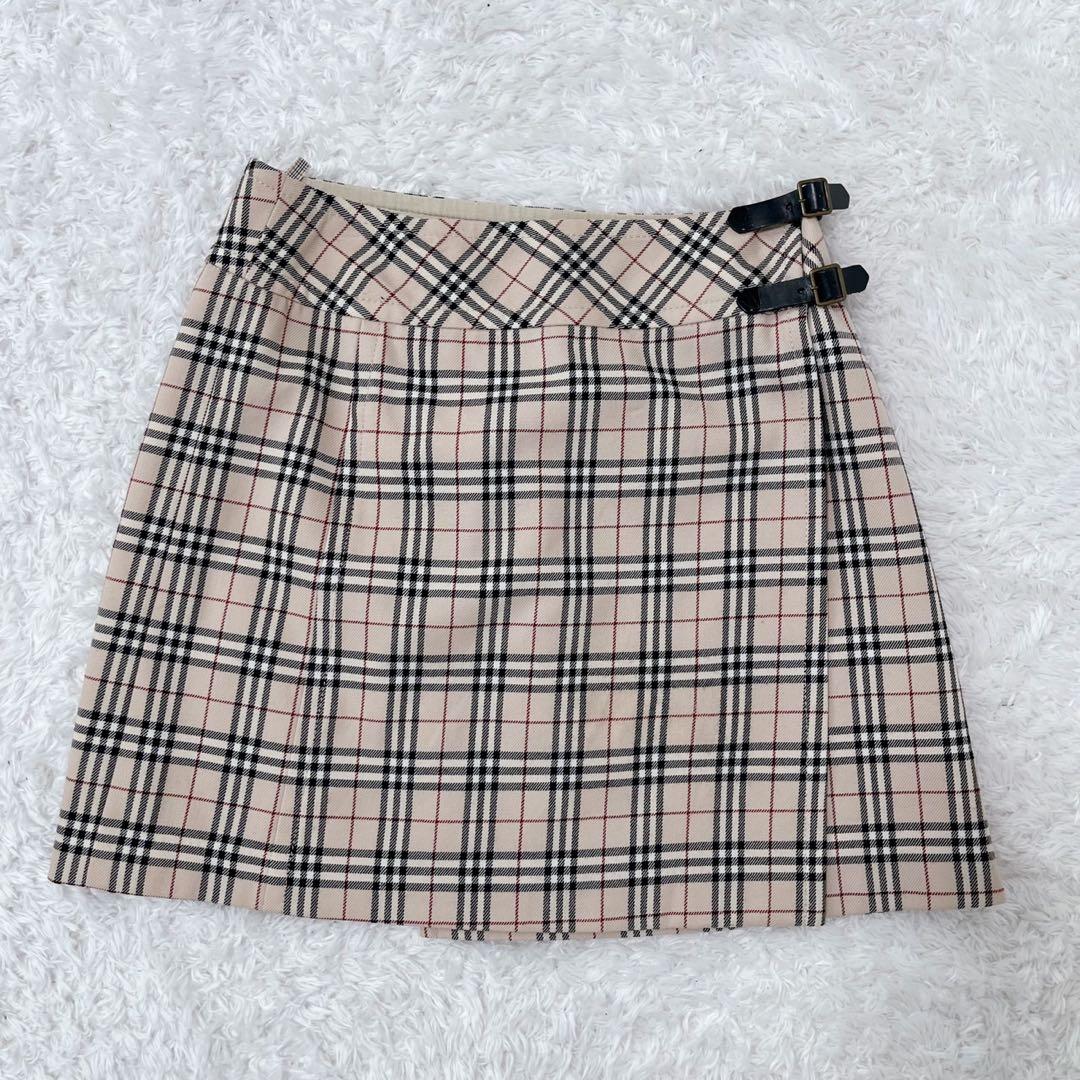 美品 バーバリーブルーレーベル ノバチェック巻きスカート ベージュ　レザーベルト