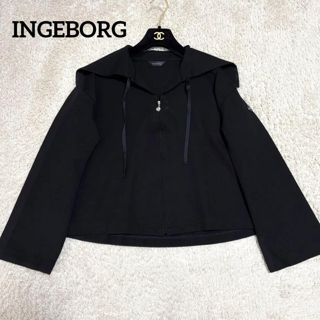 美品 インゲボルグ セーラーカラーカーディガン ブラック ジップパーカー 薔薇
