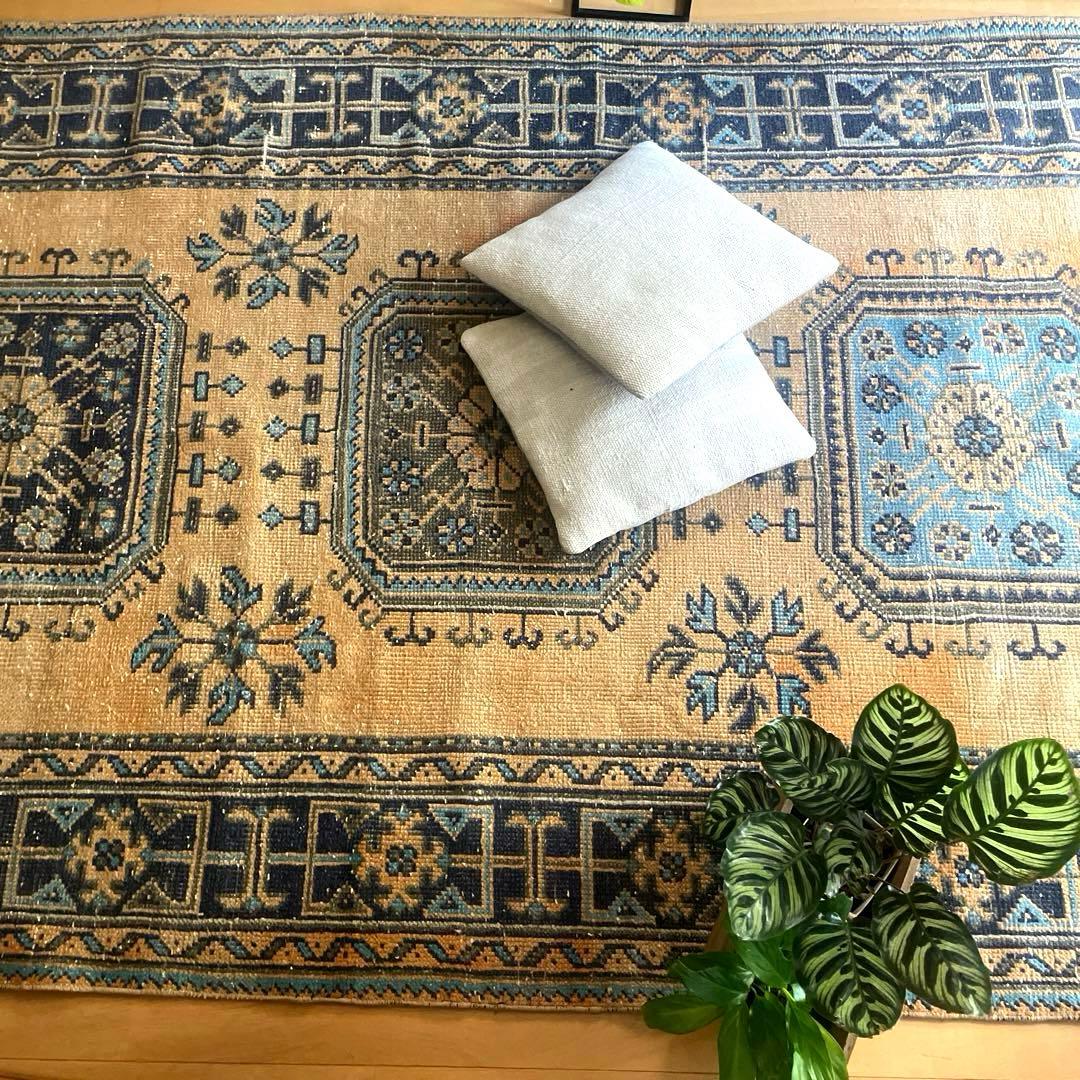 超特大140×366 くすみイエローベージュ　ボタニカル　トルコヴィンテージラグ