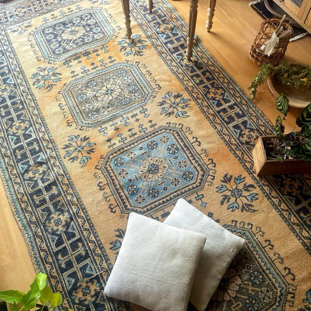 超特大140×366 くすみイエローベージュ　ボタニカル　トルコヴィンテージラグ