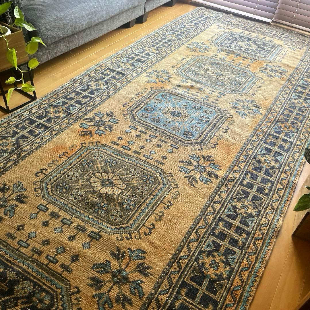 超特大140×366 くすみイエローベージュ　ボタニカル　トルコヴィンテージラグ
