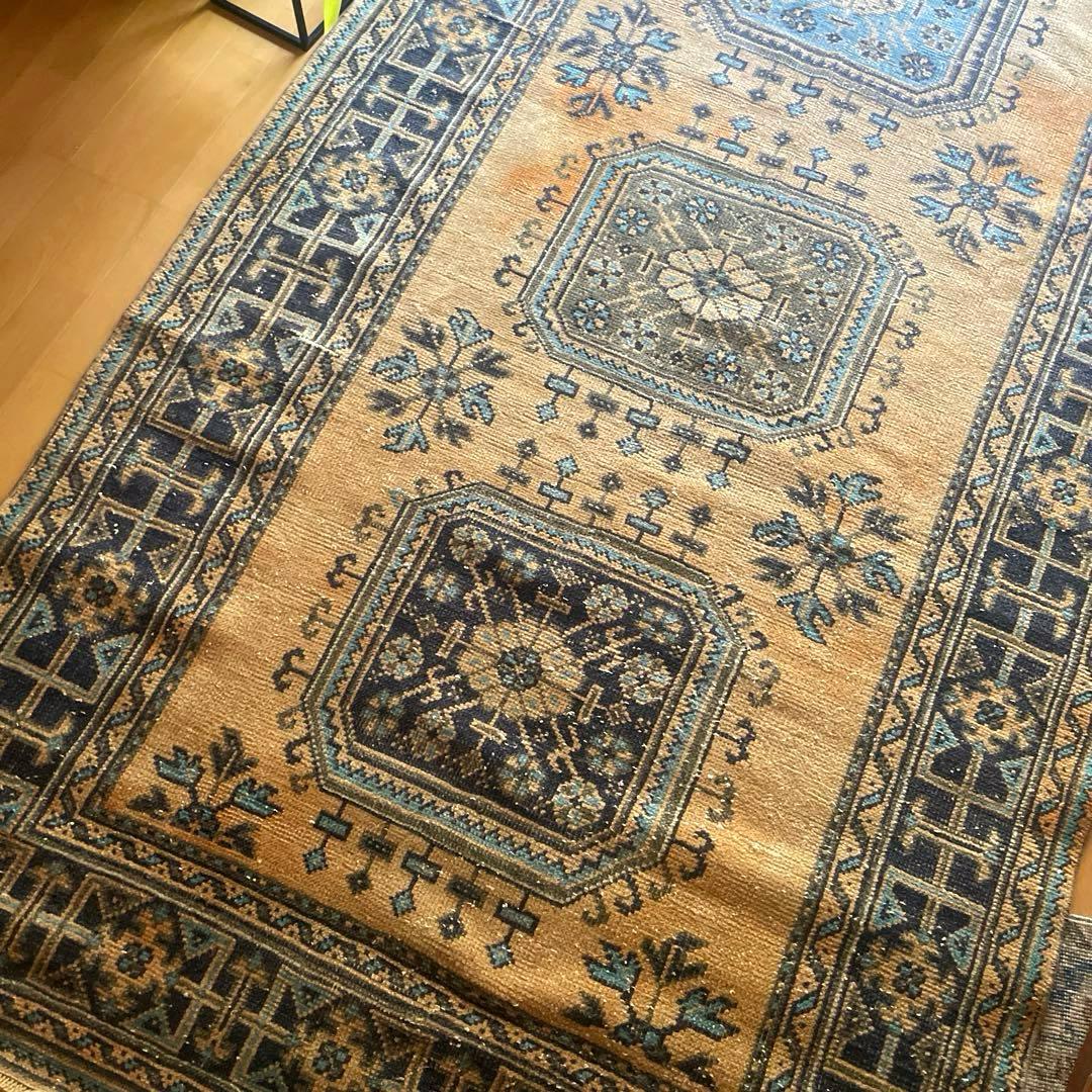 超特大140×366 くすみイエローベージュ　ボタニカル　トルコヴィンテージラグ