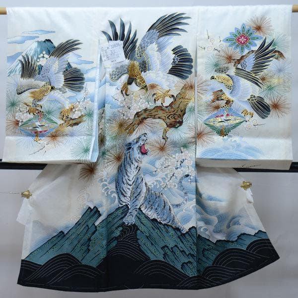 お宮参り 産着 男児 正絹 のしめ 綸子 金刺繍 鷹 虎 白地 NO33636