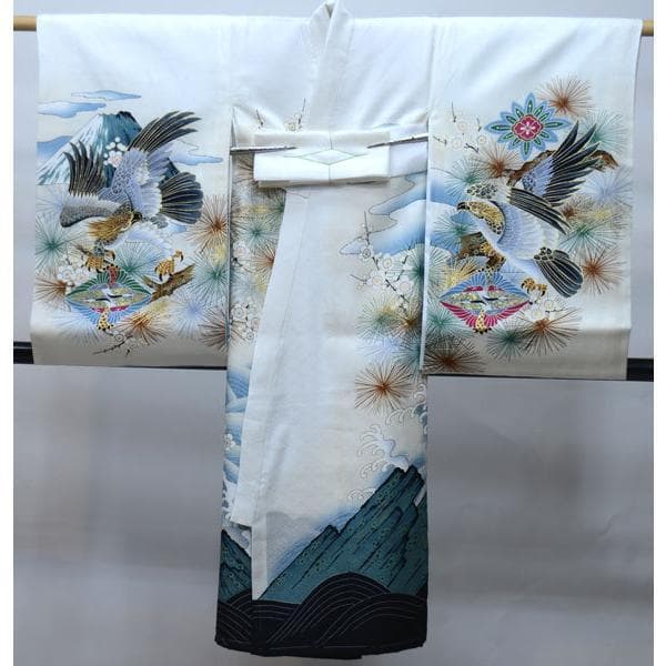 お宮参り 産着 男児 正絹 のしめ 綸子 金刺繍 鷹 虎 白地 NO33636
