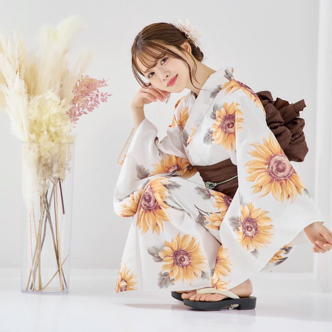 新品 浴衣 セット 浴衣セット ゆかた 大人 レディース 白 向日葵 Y4-53