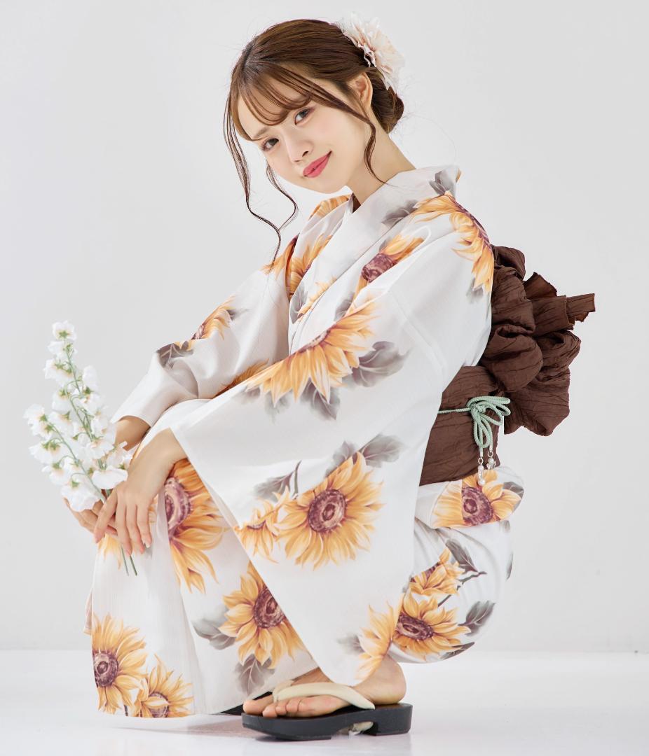 新品 浴衣 セット 浴衣セット ゆかた 大人 レディース 白 向日葵 Y4-53
