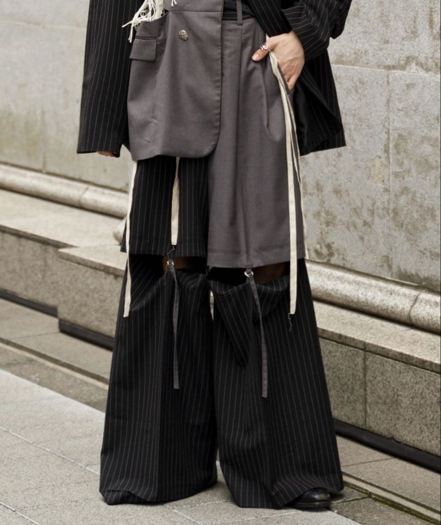 seyto ブロッキングカットアウトワイドワイドストライプパンツ 完売品