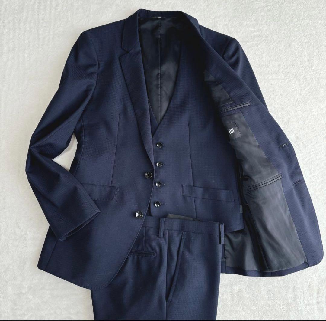 【美品】スーツセレクト　スリーピース　スーツ　ネイビー　紺色　ビジネスマン　営業