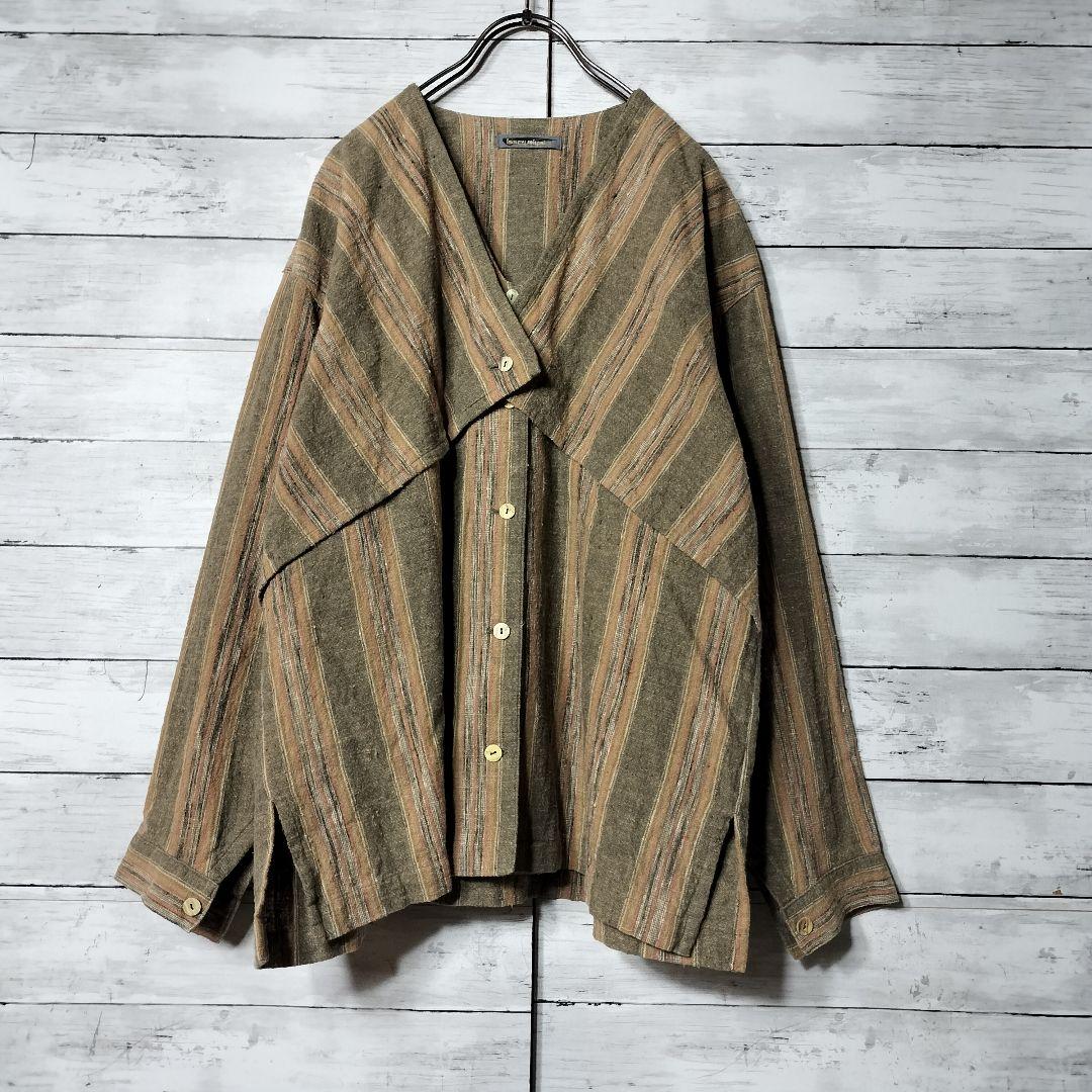 80's 筆タグ イッセイミヤケ ノーカラー シャツジャケット ストライプ 綿