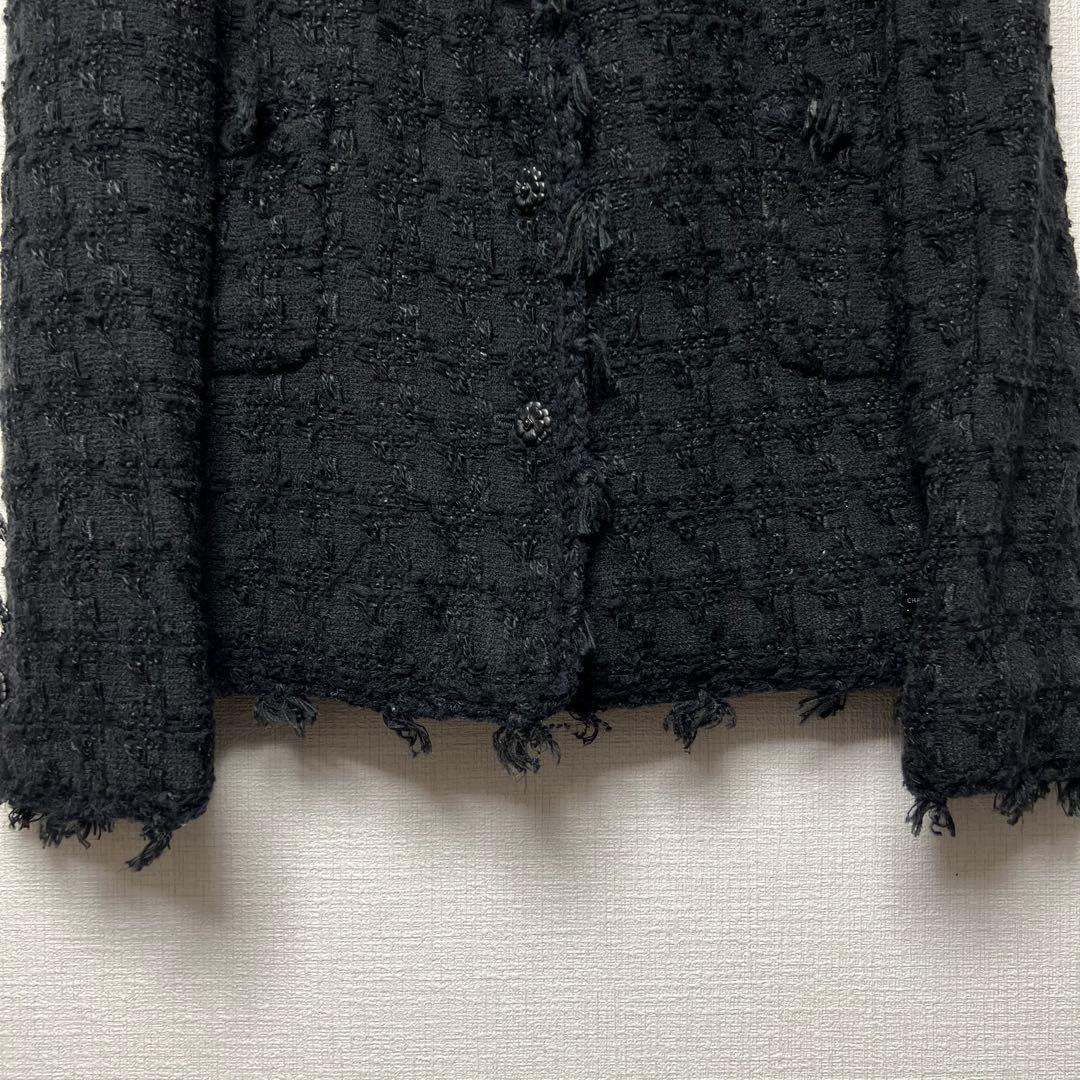 カメリアボタン✨ CHANEL シャネル ツイードフリンジジャケット 05C 黒
