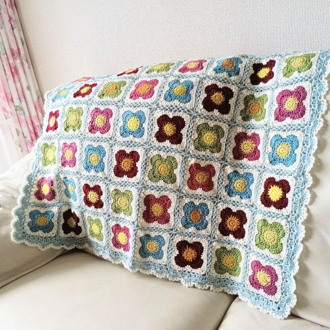 手編みブランケット★フラワーモチーフ★お花★グラニースクエア★かぎ針編み
