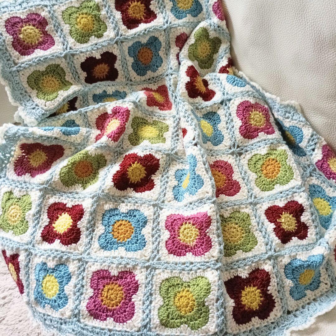 手編みブランケット★フラワーモチーフ★お花★グラニースクエア★かぎ針編み