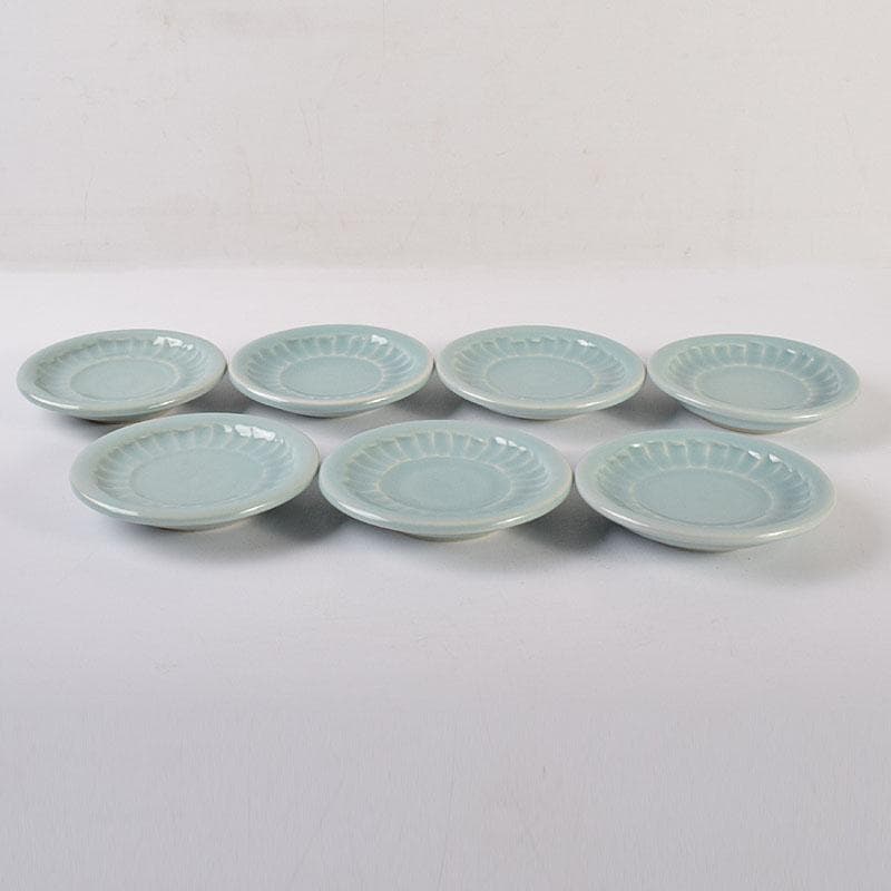 和食器　木野皿山窯　上田恒次作　青磁鎬手　銘々皿　7客　共箱　V　R7751