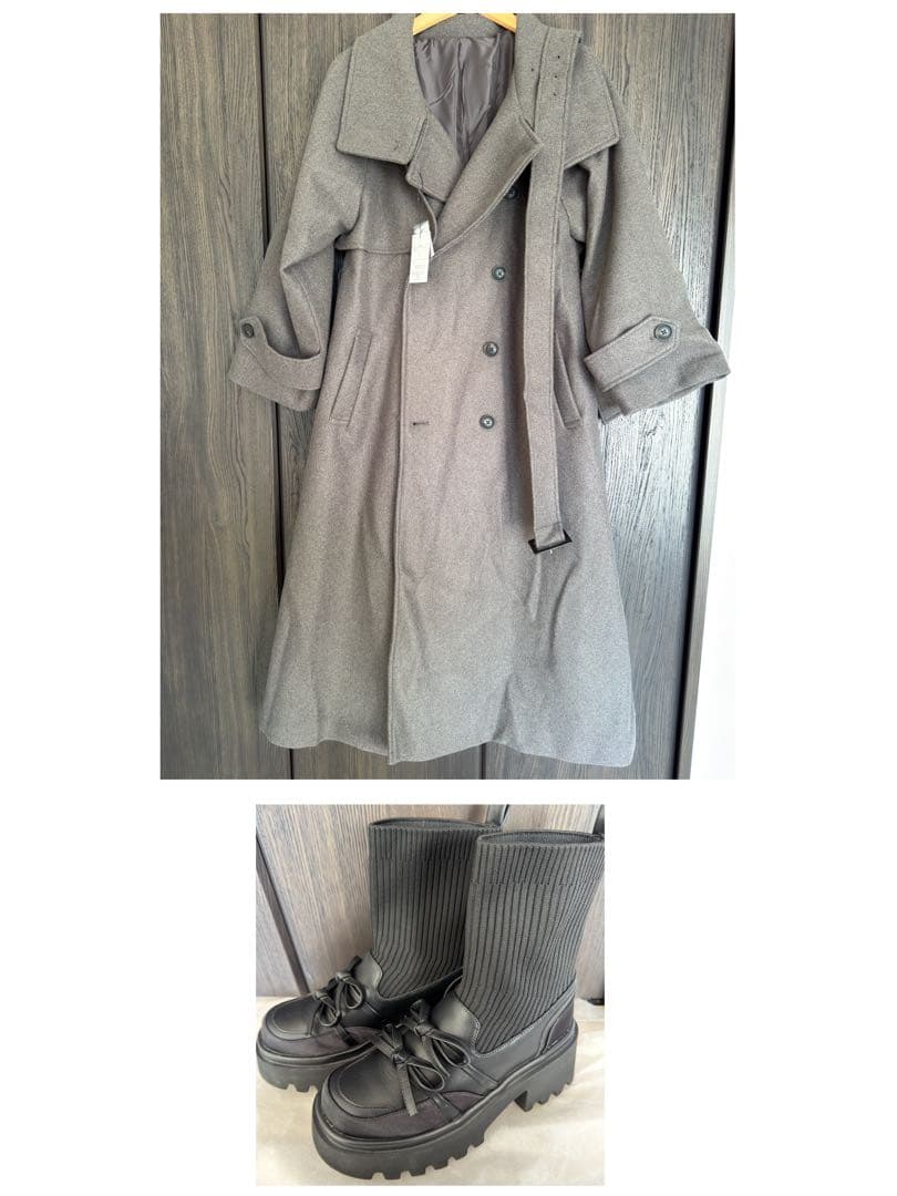 フェイクウールトレンチコート リブニットブーツ セット 即購入可