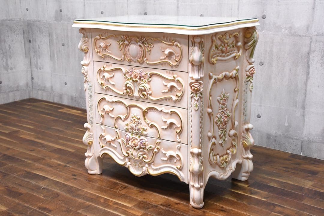 DLC81 ロココ調 猫脚 トールペイント 4ドロワー チェスト レリーフ 4段