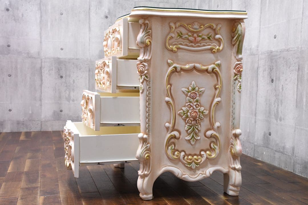 DLC81 ロココ調 猫脚 トールペイント 4ドロワー チェスト レリーフ 4段