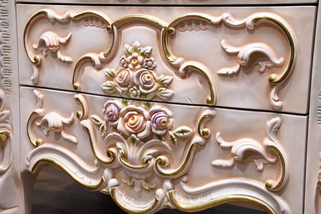 DLC81 ロココ調 猫脚 トールペイント 4ドロワー チェスト レリーフ 4段