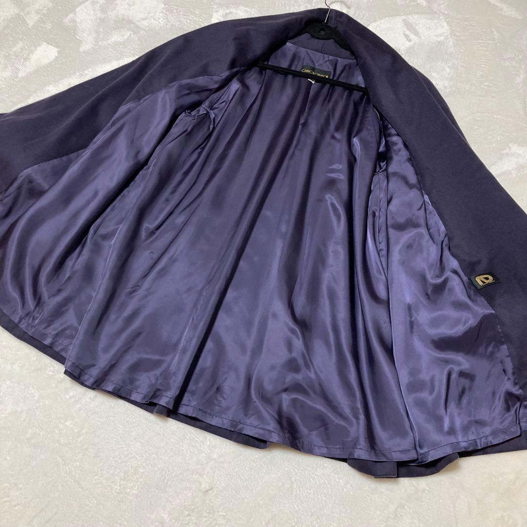 ファー付カシミヤコート　紫　ボタンレス 羽織物　黒のボリュームファー　XL