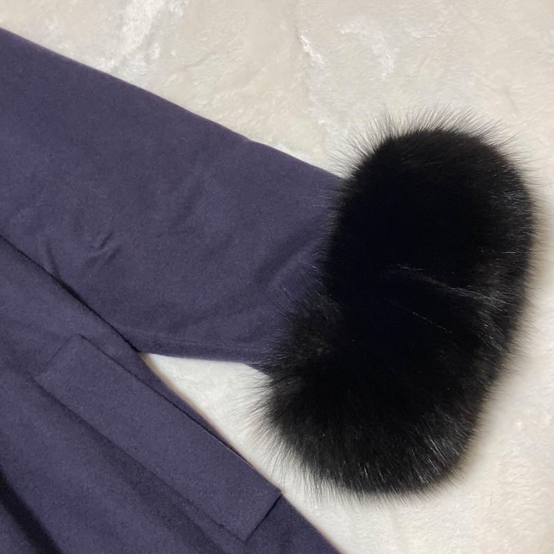 ファー付カシミヤコート　紫　ボタンレス 羽織物　黒のボリュームファー　XL