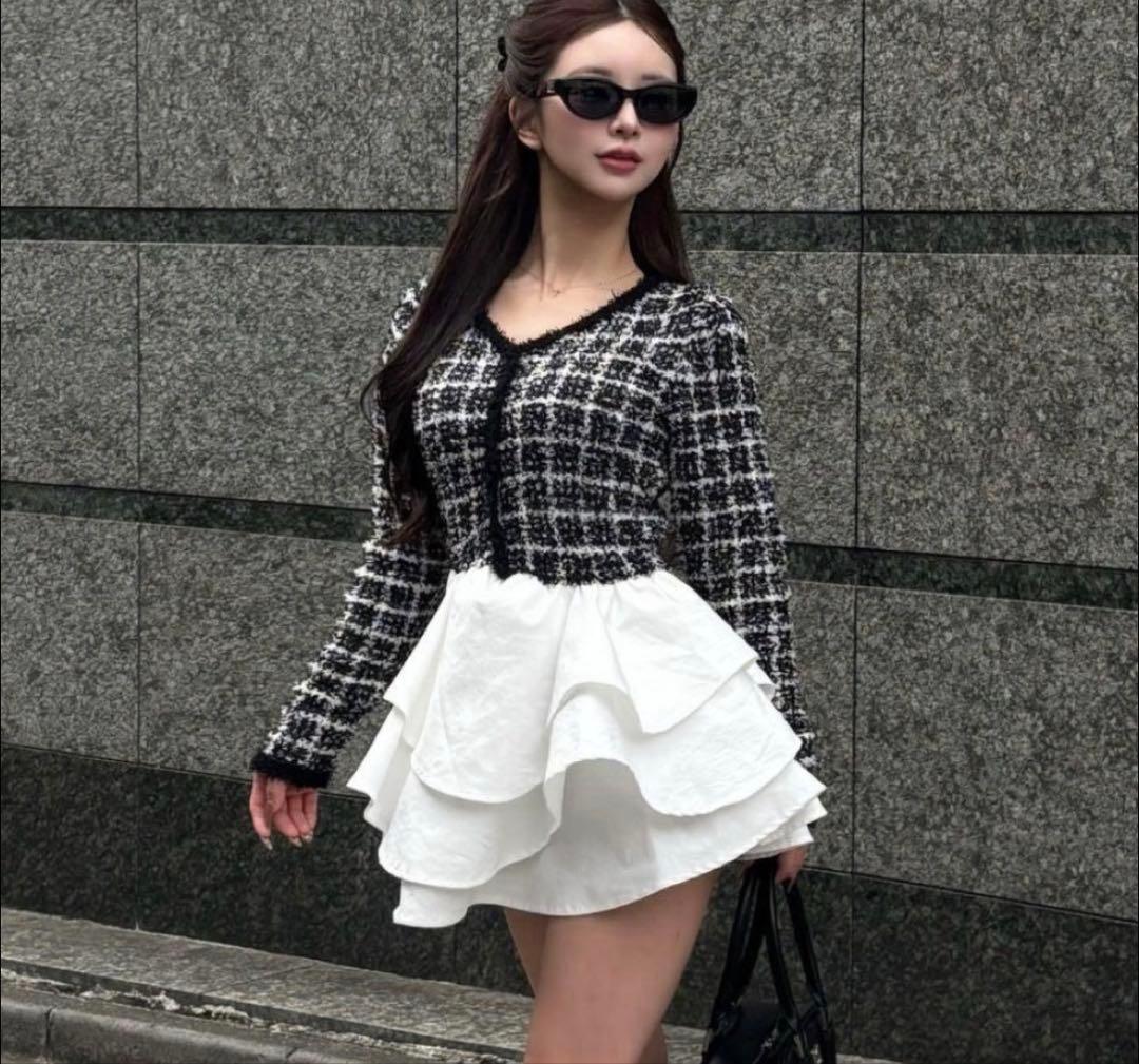 ダーリッチ ボリュームフリルツイードニットミニワンピース