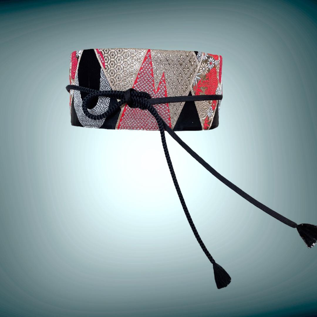 煌めき最強 黒赤金刺繍 W65〜95cm 帯ベルト 着物リメイク J80102